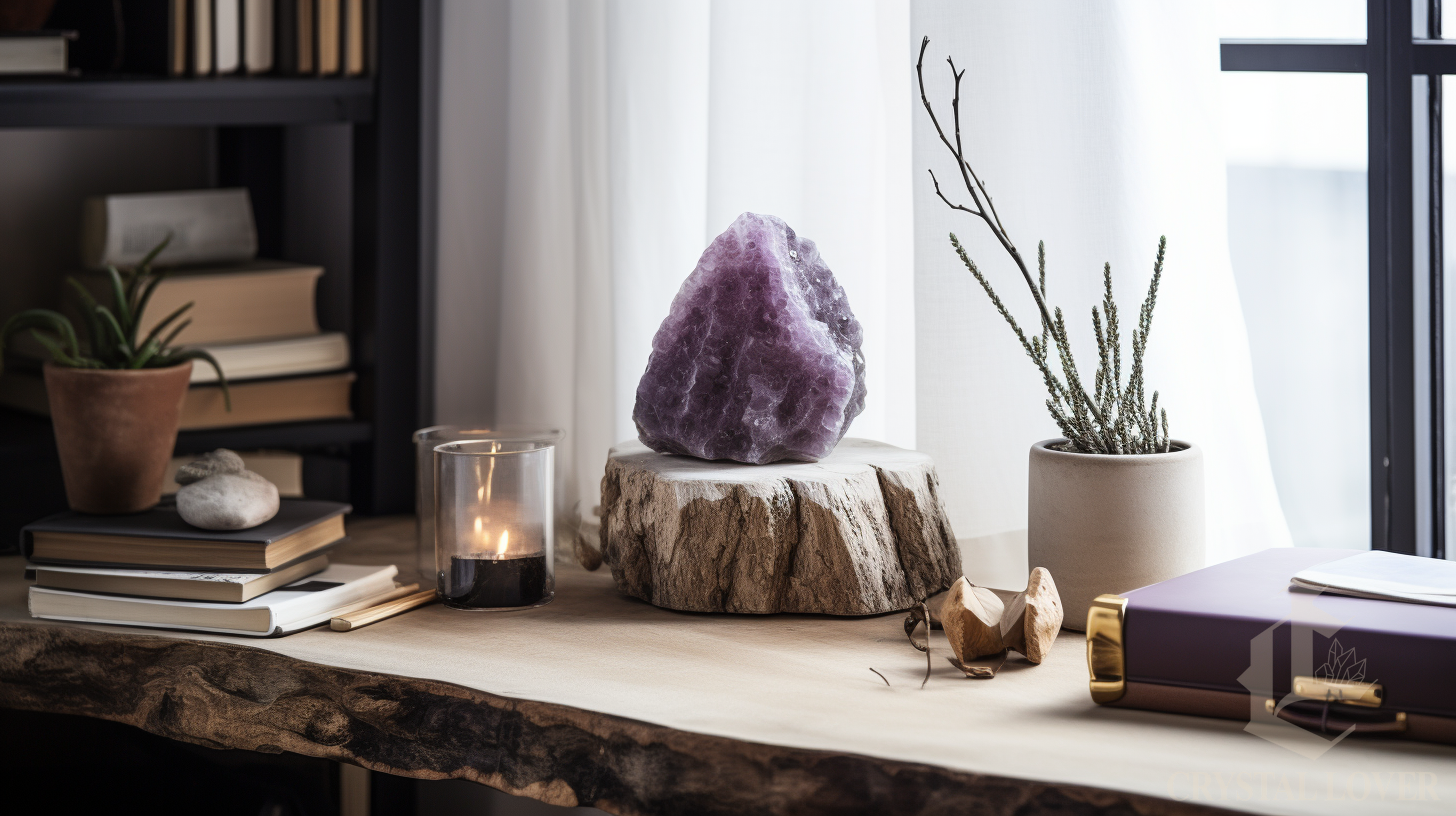 Purple amethyst crystal decor styled in a bedroom setting