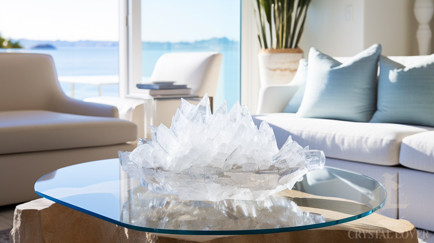White crystal decor styled in a light-filled living room