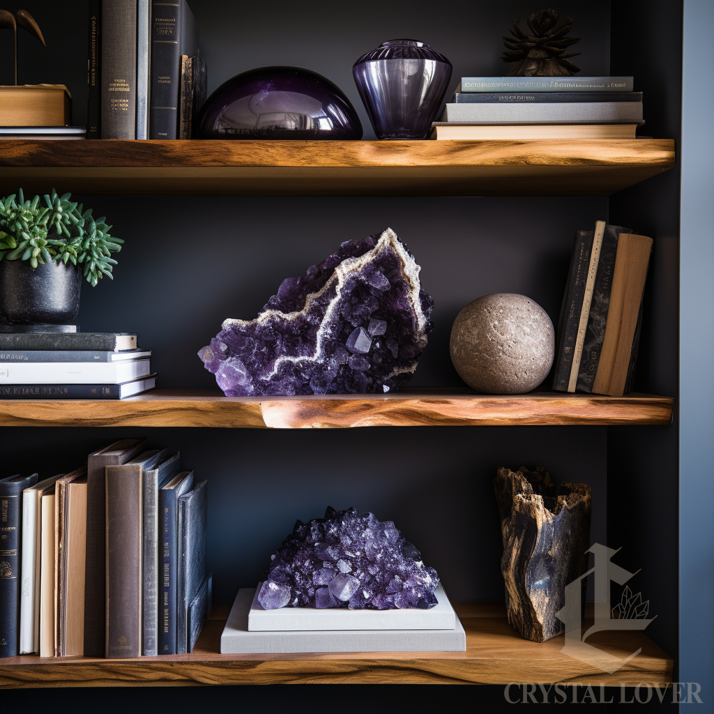 Amethyst crystal decor styled on an office bookshelf